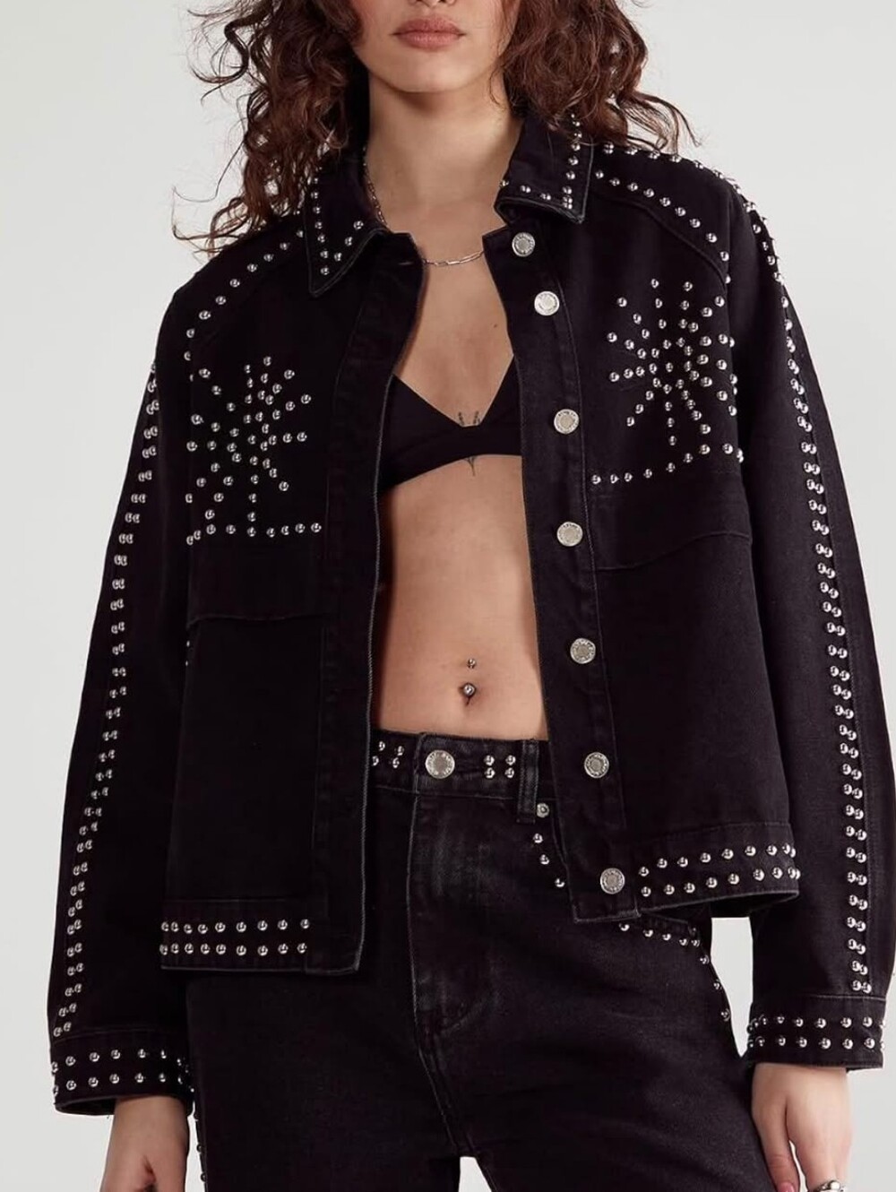 Y2K Nasty Gal Women’s Western Studded Black Denim Jacket Silver Rhinestone